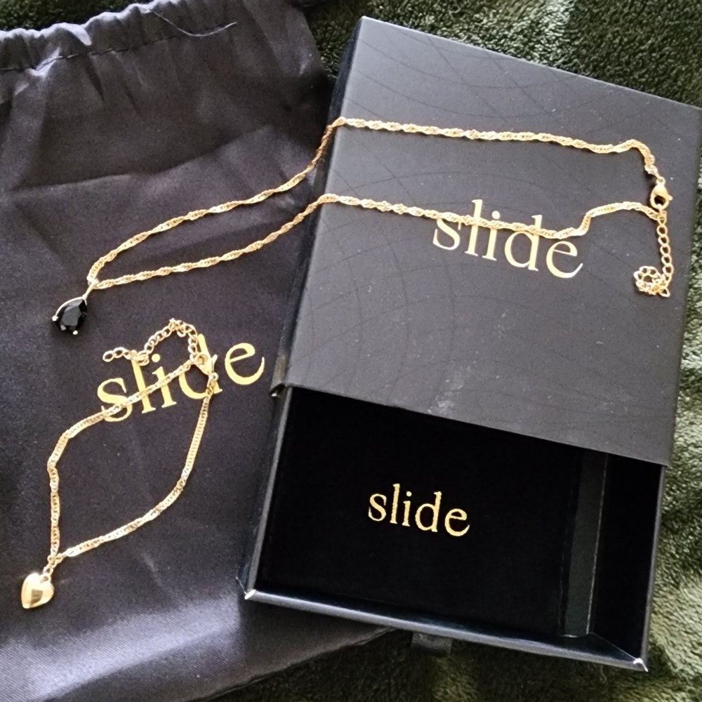 Slide Jewelry Stainless Steel Necklace Bracelet Set Onyx Pear Drop And Heart